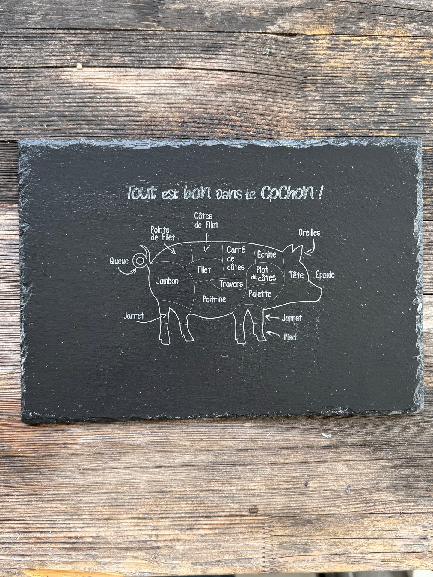 Charcuterie Board - Slate engraved with pig quarters.