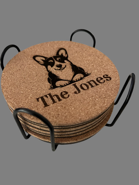 Customizable 6 Pack of Cork Coasters and Holder